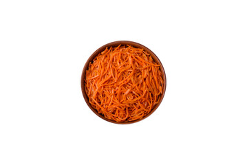 Tasty spicy Korean carrot with spices and herbs on a dark concrete background - 767324645