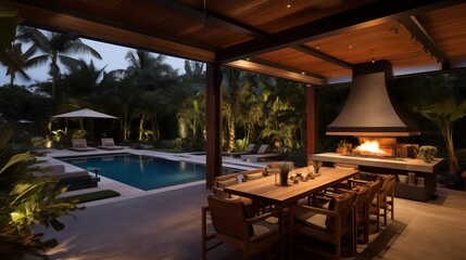 Obraz premium Indoor/outdoor living pavilion with retractable glass walls wood burning fireplace and seamless integration to tropical backyard.