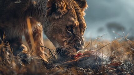 Lioness feeding on her prey, highlighting the harsh realities of the natural world