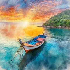 beautiful seascape with boat at sunset