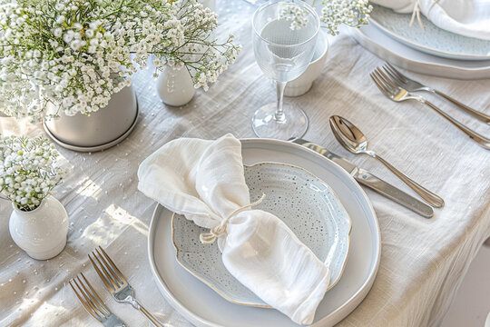 Photo of a table set with Scandinavian design elements, white dishes, clear glasses, cutlery using natural materials such as wood and linen, combined with pastel shades.