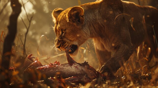 Lioness feeding on her prey, highlighting the harsh realities of the natural world