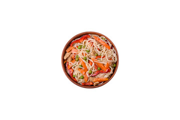 Delicious rice noodles or udon with chicken, carrots, pepper, salt, spices and herbs - 767324810