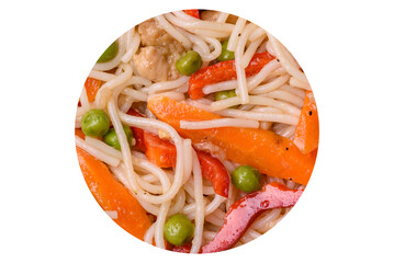 Delicious rice noodles or udon with chicken, carrots, pepper, salt, spices and herbs - 767324824