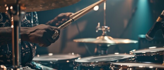 Close-up shot with musician playing the drum kit - obrazy, fototapety, plakaty