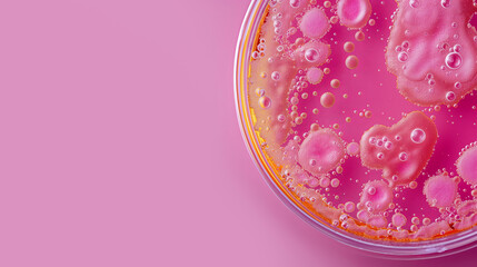 Pink bacteria colonies in petri dish close-up, copy space