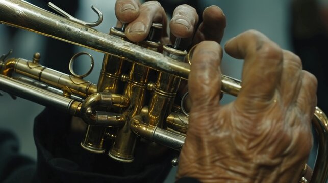 Close-up shot with musician playing the cornet