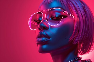 Design a character with neon pink hair and metallic skin embracing the principles of data-driven decision-making to optimize their productivity and performance. They analyze key metrics and trends - obrazy, fototapety, plakaty