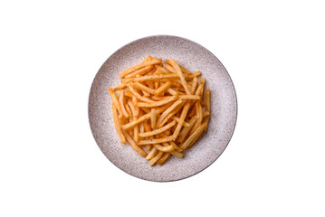 Delicious crispy golden fries with salt and spices - 767325053