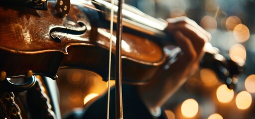 Musical artist playing the violin in a close-up shot, showcasing the beautiful details of the instrument - obrazy, fototapety, plakaty