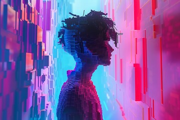 Design a character with pixelated hair and glitchy skin navigating through a digitally rendered labyrinth of tasks and challenges. They overcome obstacles with ingenuity and resourcefulness - obrazy, fototapety, plakaty