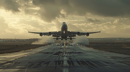 Passenger plane lifting off from the airfield, highlighting the size and majesty of the aircraft in motion - obrazy, fototapety, plakaty