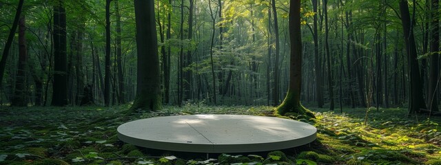 Podium background product green nature 3D forest stand white plant. Cosmetic background product podium display wood jungle studio garden beauty platform presentation mockup pedestal stone tropical