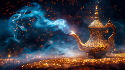 Aladdins mysterious lamp with glowing fire and smoke on magical background - obrazy, fototapety, plakaty