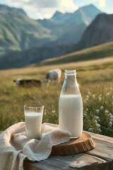 Glass and bottle of milk with a cow in the background. Alpine meadow backdrop. Farm and livestock concept. Agriculture industry. Natural dairy production. Design for banner, poster with copy space - obrazy, fototapety, plakaty