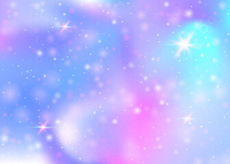 Fototapeta na wymiar Holographic background with rainbow mesh. Kawaii universe banner in princess colors. Fantasy gradient backdrop with hologram. Holographic unicorn background with fairy sparkles, stars and blurs.