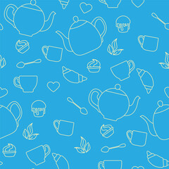 Seamless pattern with teapots, teaspoons, cups of tea and cookies. White drawing lines on a light blue background. Vector