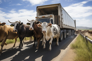 Herd of Cattle Crossing Road in Front of Truck - obrazy, fototapety, plakaty