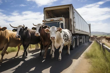 Fotobehang Herd of Cattle Crossing Road in Front of Truck © Dzmitry