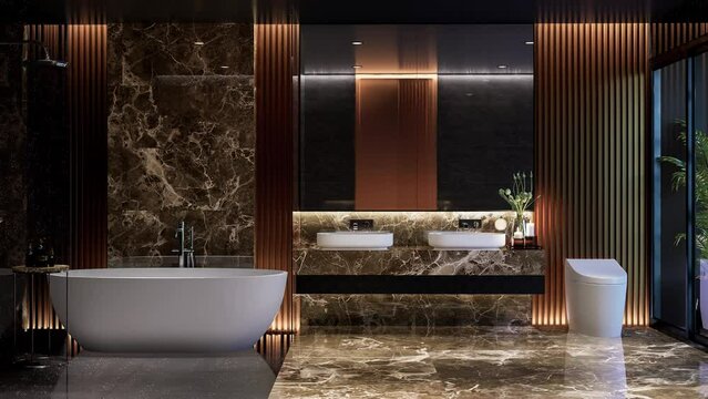 Animation of night time modern style luxury black bathroom with glossy marble stone 3d render illustration