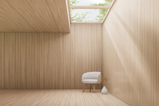 Minimal style contemporary wooden room with skylight 3d render, decorated with modern chair