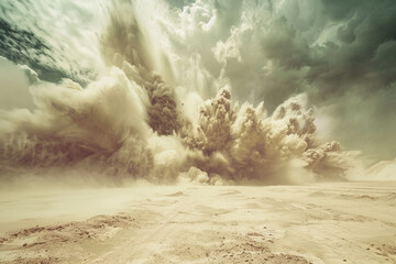 A nuclear explosion in a desert, the blast kicking up a massive cloud of dust and sand. - obrazy, fototapety, plakaty