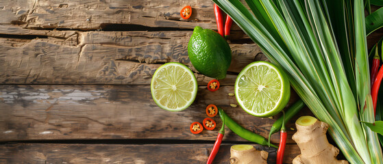 Tropical background with lemon grass, Sliced lime and a Galanga of Thai Tom yum kung on wooden table - obrazy, fototapety, plakaty
