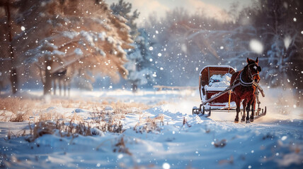 A horse-drawn sleigh moves through a snowy landscape, the details of the sleigh and horse sharp against a blurred, winter wonderland backdrop. The  - obrazy, fototapety, plakaty