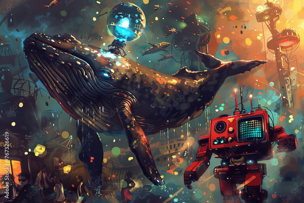 Poster a whale is dancing in a disco with a robot. the whale is silver and shiny and has a disco ball on it