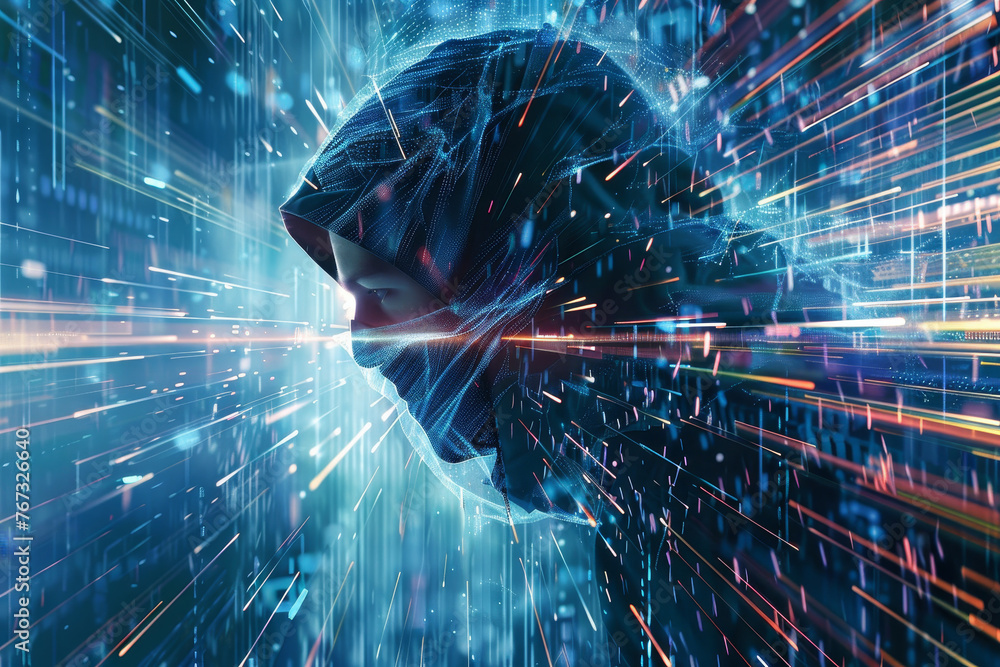 Poster an abstract image of a hacker in a mask, digital data flowing around them like a stream.