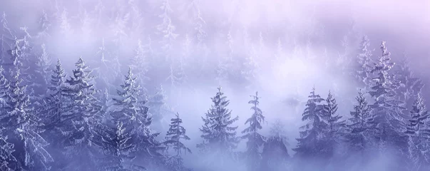 Tuinposter A misty, snow-filled morning in a coniferous forest, the trees laden with snow, the scene blurred and ethereal with generous copy space. © Lucifer
