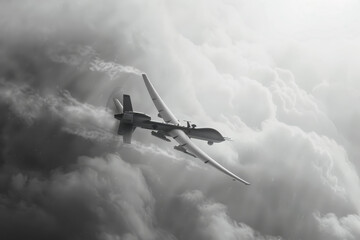 An abstract image of a combat drone emerging from a bank of clouds. The drone is partially obscured by the clouds, adding a sense of mystery and intrigue