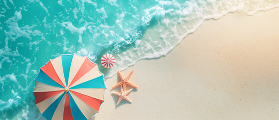 Naklejka premium Summber Beach background with Beach ball , Star fish and stripe beach parasol of very Summer on white sand beach with turquoise ocean water