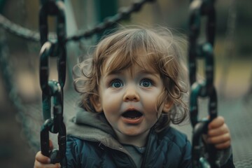 A child playing in the park, face filled with wonder. Portrait.