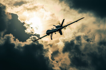 An abstract image of a combat drone silhouetted against a dramatic cloud-filled sky.