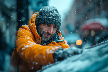 Happy man removing snow with brush from car - obrazy, fototapety, plakaty