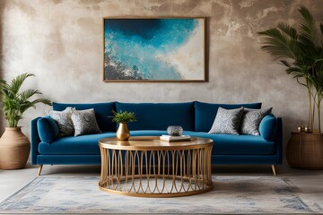 curved sofa with blue cushions and round rustic wood coffee table against stucco wall with poster. interior design of modern living room