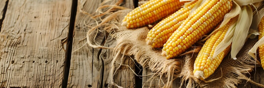 Corn cobs on rustic wooden background with straw. Farm and harvesting concept. Healthy food, vegetables. Design for banner, poster with copy space