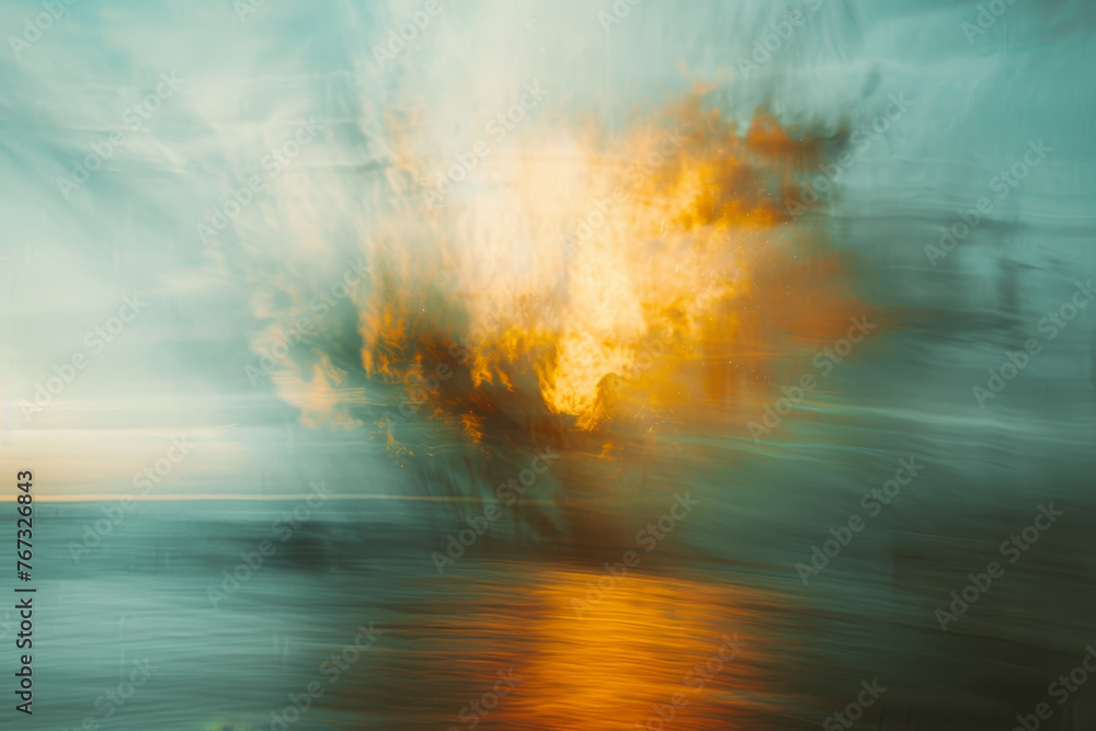 Poster an abstract image of a nuclear explosion, the shockwave distorting the air around it.
