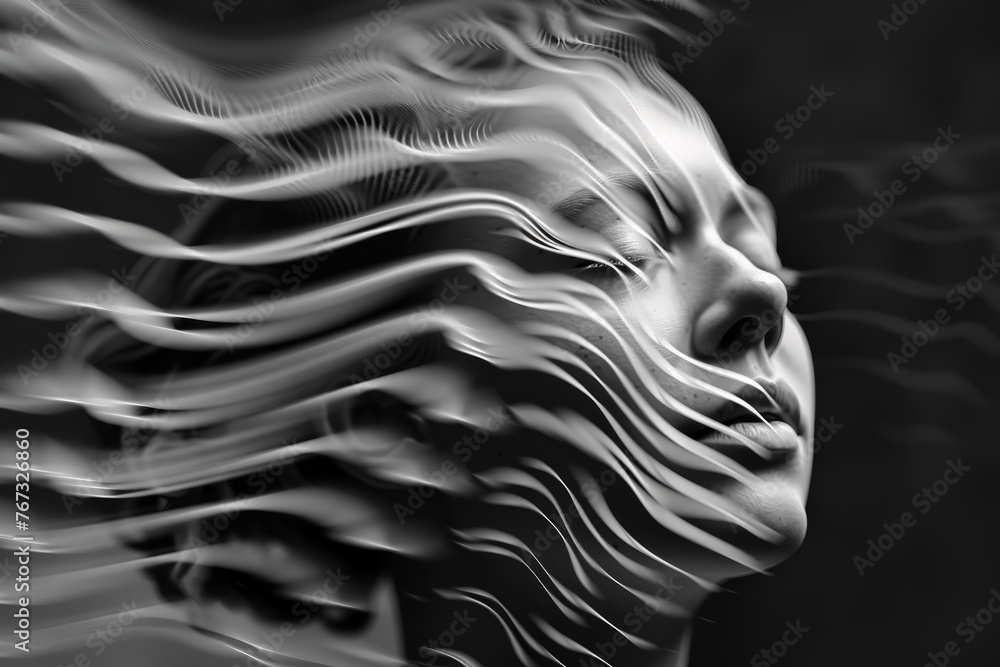 Poster an abstract image of a person suffering from a headache, with a series of wavy lines emanating from 