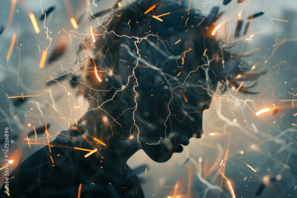 Poster an abstract image of a person with a headache, their head surrounded by a series of lightning bolts.