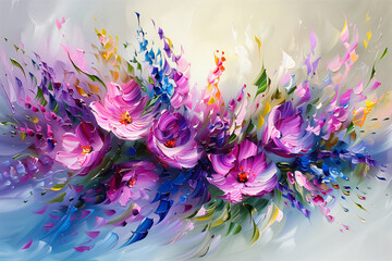 Digital abstract painting of colorful flowers - obrazy, fototapety, plakaty