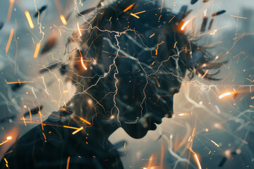 An abstract image of a person with a headache, their head surrounded by a series of lightning bolts. The bolts symbolize the sudden onset of a headache - obrazy, fototapety, plakaty