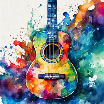 Abstract colorful guitar watercolor illustration 