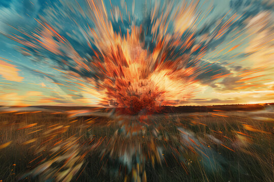 An abstract image of a nuclear explosion, the shockwave distorting the image of a peaceful landscape.