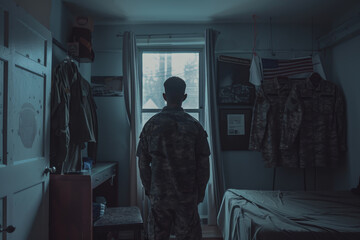 An abstract image of a soldier standing in their home, their uniform hanging up in the background.