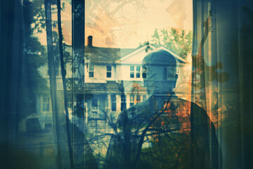 An abstract image of a war veteran looking out of their bedroom window at a peaceful neighborhood scene.