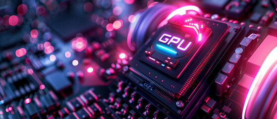 Image of a large stack of microchips, stacked on top of each other, with very bright colored LED lights, with the letters "GPU" written on the main chip