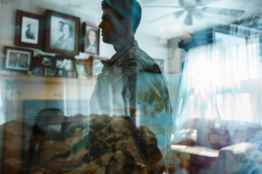 An abstract image of a soldier standing in their home, their family photos visible in the background.