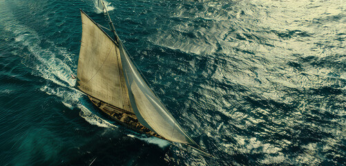 Aerial view of a single-mast yacht gliding along the surface of the water in the open sea. A bird's...